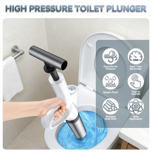 Toilet Plunger, High Pressure Drain Unclogger Plungers with Pressure Gauge, toilet auger Air Drain Blaster, Versatile Heavy Duty Clog Remover for Bathroom, Kitchen, Floor Drain (Gray) - color: Gray