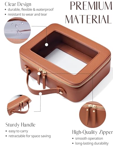 Popvibe Clear Makeup Bag Toiletry Case Travel Transparent Cosmetic Bag with Zipper, Portable Make Up Organizer Traveling Compact Car Bag for Essentials - color: Brown, style: Dual Elegance