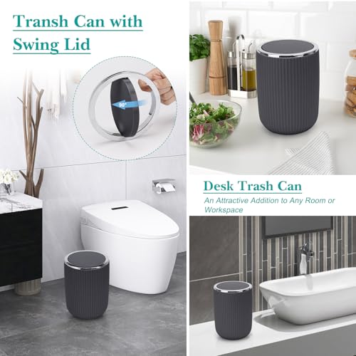 Boperzi Bathroom Accessories Set Complete: 8pc Bathroom Accessory Set with Trash Can 2pc for Floor/Counter, Toilet Brush, Soap Dispenser, Toothbrush Holder, Adhesive Hook, Grey Modern Bathroom Set
