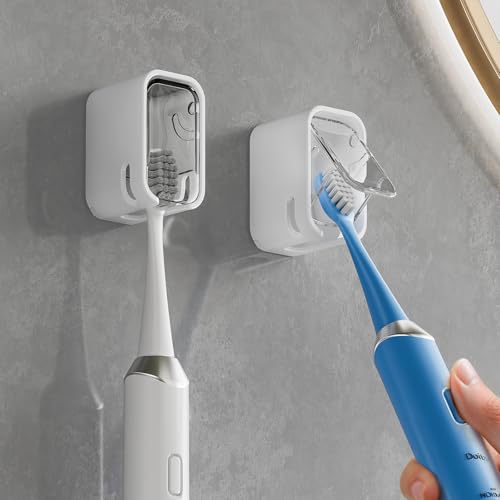 Toothbrush Holders for Bathroom【Innovation Single Slot Design】 2PCS Toothbrush Holder Wall Mounted with Cover for Shower, Single Toothbrush Dispenser Storage Organizer for Family & Travel - color: Grey+clear