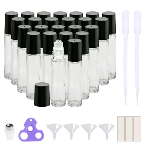 PrettyCare 24 Pack, 10 ml Essential Oil Roller Bottles with Stainless Steel Roller Ball - Refillable Leak-proof Empty Thick Clear Glass Roll on Bottles with Black Caps for Travel, Perfume - color: Clear with Black Cap, size: 24 Pack