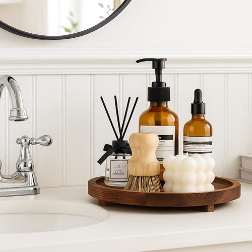 12 inch Large Round Decorative Tray Wood Bathroom Counter Organizer Farmhouse Kitchen Decor Wooden Riser for Perfume Soap Dish Wood Decorative Candle Holders for Home Decor Brown Table Centerpieces - color: Dark Brown, size: 12"