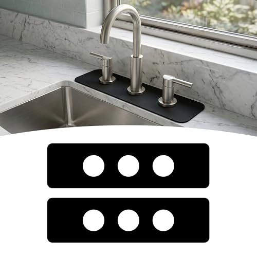 2PCS Kitchen Bathroom Faucet Mat for 3-Hole 8" Widespread Faucet, 18"x5.5" | Absorbent Splash Guard Fits Farmhouse, Vintage & Bridge Kitchen Vanity Faucets – Trimmable Drip Catcher for Irregular Sinks - color: Black, size: 18’’Lx5.5’’W