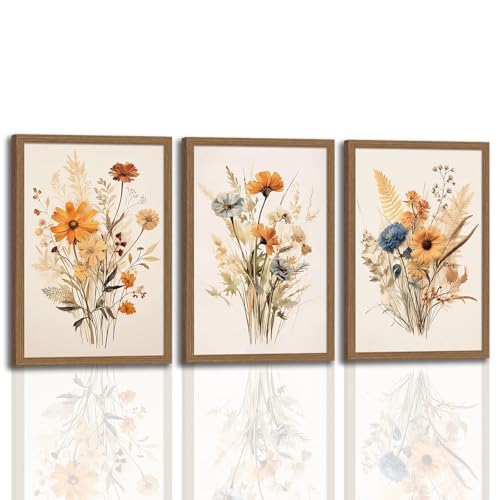 3Pcs Vintage Wildflower Framed Canvas Wall Art Rustic Botanical Floral Pictures Prints for Living Room Bedroom Bathroom Retro Boho Wall Decor for Home Aesthetic 16x24 inch Ready to Hang - color: Orange wildflowers, size: 16x24 inches