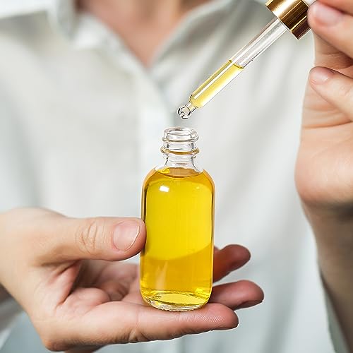 AOZITA Set of 4, 2 oz Golden Cap Clear Dropper Bottles (60ml) with 1 Funnel & 4 Labels - Glass Tincture Bottles for Essential Oils with Eye Droppers - Leak Proof Travel Bottles for Liquids - color: Clear
