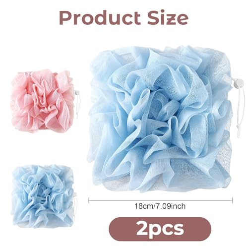 2 in 1 Loofah Sponges 2-Pack Dual-Sided Exfoliating Bath Sponges for Shower & Loofah Washcloth for Bar Soap Premium Body Scrubber with Drawstring for Gentle Skin Smoothing - Blue＆Pink - style: Blue＆Pink