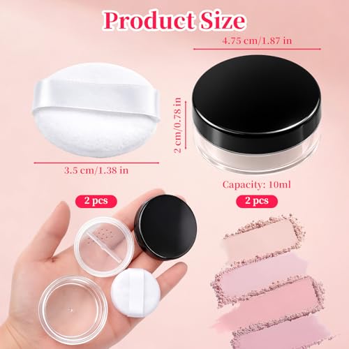 2 Pcs Small Loose Powder Containers with Puff, 10ml Refillable Travel Powder Container with Rotatable Sifter & Leakproof Screw Lid, Mini Makeup Holder for Setting Powders, Blush