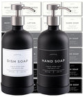 Hand and Dish Soap Dispenser for Kitchen and Bathroom, Set of 2 16 Oz Glass Bottles, Stainless Steel Pumps, Non-Slip Silicone Base, 27 Waterproof Labels (Matte Black Bottle/Brushed Silver Pump) - color: Matte Black Bottle / Brushed Silver Pump