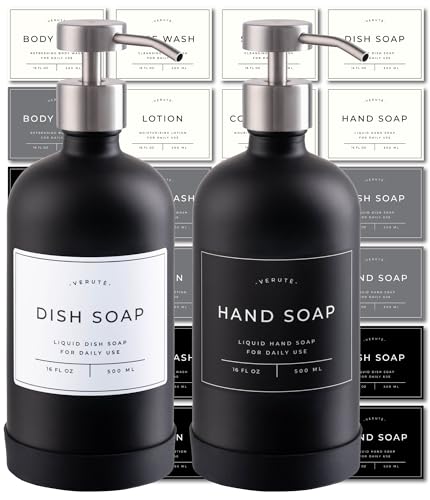 Hand and Dish Soap Dispenser for Kitchen and Bathroom, Set of 2 16 Oz Glass Bottles, Stainless Steel Pumps, Non-Slip Silicone Base, 27 Waterproof Labels (Matte Black Bottle/Brushed Silver Pump) - color: Matte Black Bottle / Brushed Silver Pump
