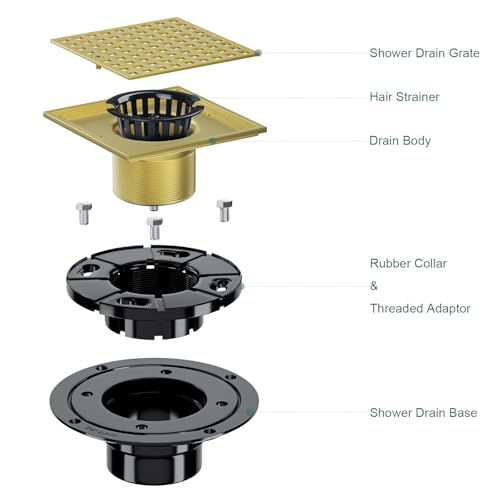 4 Inch Shower Floor Drain with Flange - Square Shower Drain with Hair Strainer - Removable Strainer Cover - SUS304 Stainless Steel - Brushed Gold - color: Brushed Gold
