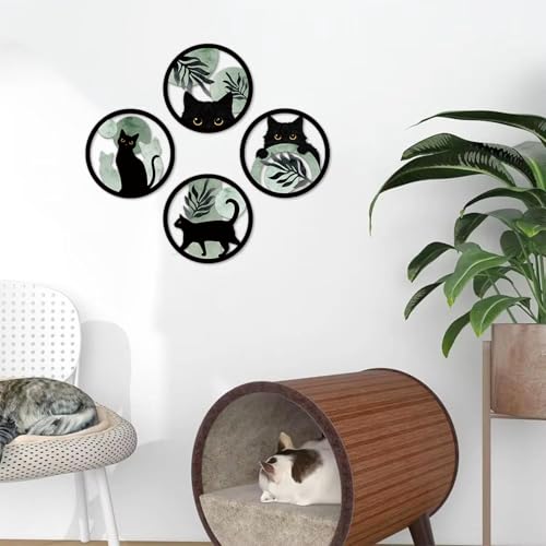 TOARTi 4PCS Boho Black Cat Wooden Wall Art,Sage Green Cats Round Wall Decor,Bohemian Green Plant Hanging Art,Minimalist Botanical Kitty Artwork for Farmhouse Bedroom Living Room Black Cats Room Decor - color: 4pcs Sage Black Cat Wall Art