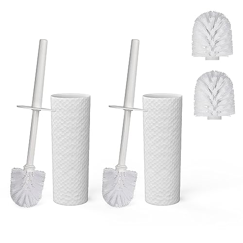 Toilet Brush, 2 Pack Toilet Brushes & Holders Sets with Plastic Handle and Soft Flexible Bristles, 4 Toilet Brush Heads for Bathroom Toilet-Ergonomic, Elegant, Durable Loo Brush (White)