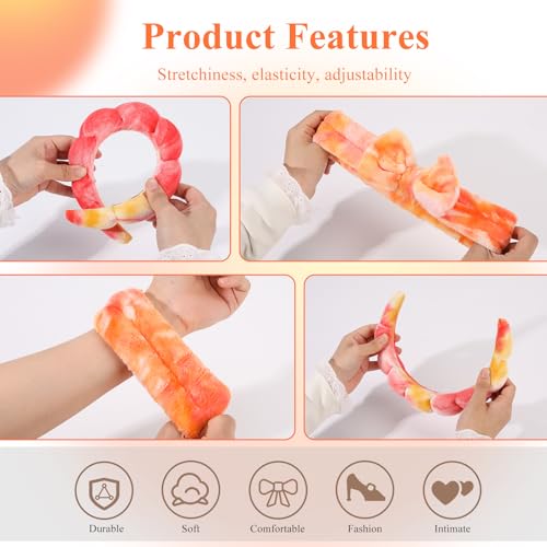 Headband for Washing Face Wristband Set, Tie-dye | Soft absorbent fabric, snug head-hugging fit for face washing, skincare, makeup, masks, travel, women and teen girls - color: Tie-dye orange