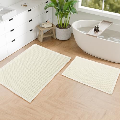 Hiasan Set of 2 Waffle Bath Mat, Super Absorbent Non Slip Bathroom Boho Rug with Tassels, Machine Washable Bath Mats for Bathroom, Ultra Soft Rubber Backed Rug, Cream, 16" x 24" + 20" x 32" - color: Cream, size: 16" x 24" + 20" x 32"