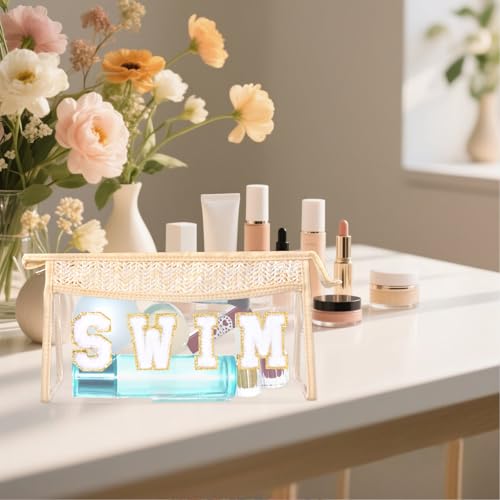 Boho Patch Cosmetic Bag with Zipper, Chenille Varsity Letter Makeup Bag, Clear Travel Pouch, Multi-purpose Small Toiletry Bag for Women Girls (Swim) - style: Swim