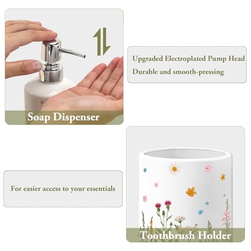 FYSUIMU Wildflower Bathroom Toothbrush Holder Set Green Vintage Floral Ceramic Soap Dispenser with Tooth Brush Organizer for Modern Bathroom Accessories Countertop Decor - color: Wildflower