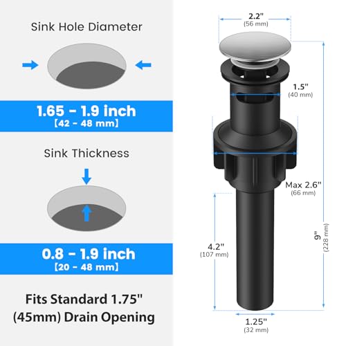 Bathroom Sink Drain with Overflow with Hair Catcher Anti-Clog Sink Strainer | Hurran Bathroom Sink Stopper for 1.65"-1.9" Hole, Plastic Pop-up Drain for Bathroom Vanity Vessel Sink, Brushed Nickel - color: Brushed Nickel