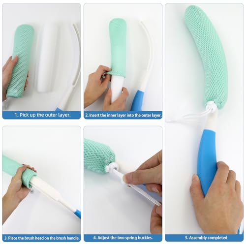 15.35" Back Bath Brush with Sponge,Back Scrubber Bath Mesh with Curved Long Handle Bath Body Brush for Elderly Aid Bathing and Shower - size: Black+Pink Handle