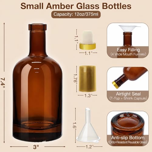 TBWIND 12 Pack 12oz/375ml Amber Glass Bottles with T-Top Corks | Airtight glass bottles for limoncello, maple syrup, vanilla extract, oils & homemade drinks. Includes funnels & labels - color: 12oz/ 375ml, size: Amber