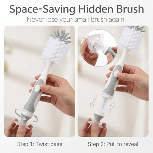 Ariseno 5-in-1 Baby Bottle Cleaner Set, Including Nylon & Silicone Bottle Brush, Cap, Straw & Nipple Brushes, BPA-Free (Grey) - color: Gray-nylon Silicone