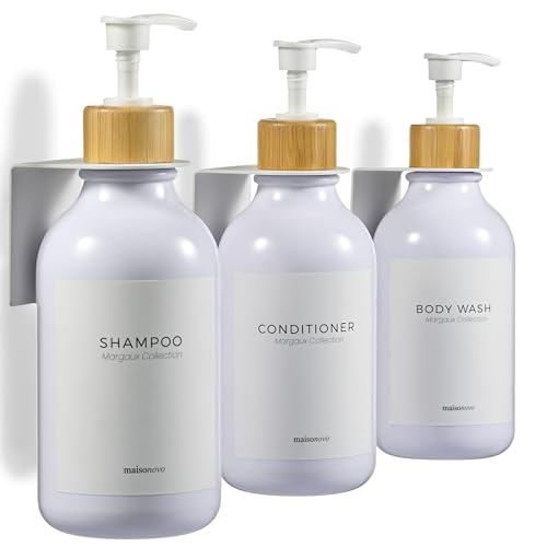 Shampoo and Conditioner Dispenser Wall Mounted Set of 3 White Bamboo - No Drill Shower Soap Dispenser for Bathroom Refillable - Spa Hotel Style Accessories by MaisoNovo - color: White Bamboo Set of 3