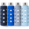 Mrsdry Glass Juice Bottles with Lids and Silicone Sleeves 18 oz, 4-Pack Reusable Clear Glass Water Bottles with Stainless Steel Airtight Cap for Juicing, Refrigerator, BPA Free Leak-Proof Drinking Jar - color: Navy