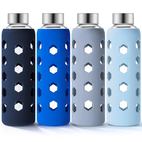 Mrsdry Glass Juice Bottles with Lids and Silicone Sleeves 18 oz, 4-Pack Reusable Clear Glass Water Bottles with Stainless Steel Airtight Cap for Juicing, Refrigerator, BPA Free Leak-Proof Drinking Jar - color: Navy