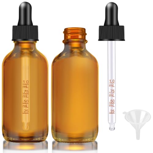 Bumobum Dropper Bottle 2 oz, 2 pack Amber Glass Eye Dropper Bottles with Labels and Funnel, Tincture Bottle with Measured Dropper - Leakproof Essential Oils Bottles for Health, Personal Care & Beauty - color: Amber