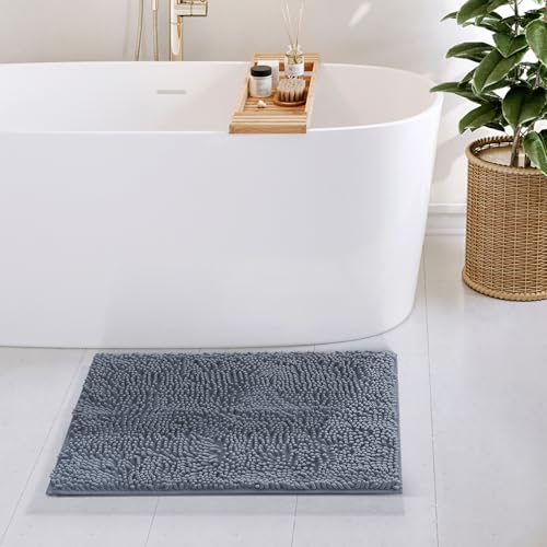 Hearth & Harbor Bathroom Rugs, Chenille Bath Mat - Machine Washable Bath Mats for Bathroom Non-Slip Backing Rubber, Quick Dry Bathroom Mat, 17 x 24 - Stone Blue - color: Stone Blue, style: 17 x 24