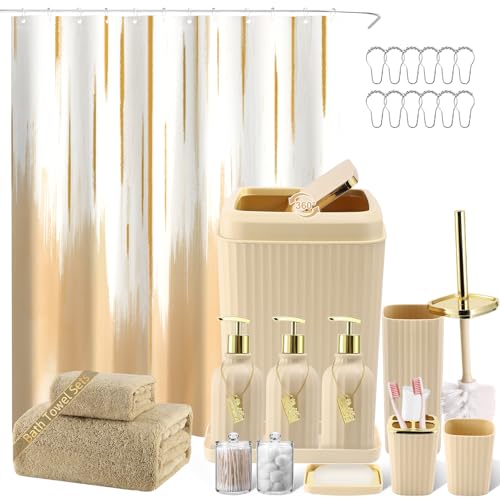 32PCS Bathroom Accessory Set Bathroom Accessories Set Beige Bathroom Set, Shower Curtain Set, 2 Piece Bath Towel Set, 3PC Soap Dispenser, Toilet Brush & Trash Can - size: Bath Set+Oil Paint Shower Curtain+Towel Set, style: Beige