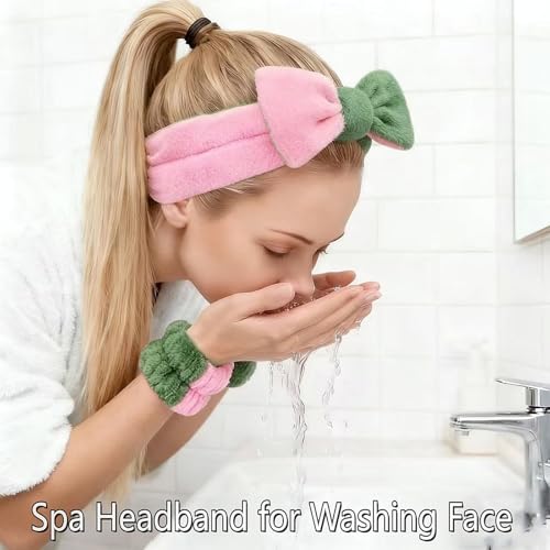 7 Pcs Spa Set, Facial Headband and Wristband Set, Skincare Accessories, College Style Girl Idea Gifts, Hair Accessories for Women and Girls（Pink Green） - color: Pink Green