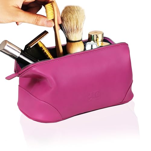 HLC Leather Toiletry Bag for Men Best Gift Premium Genuine Dopp Kit Shaving Kit Organizer Travel Kit Pouch Bag 10 inch Size (Pink) - color: Pink