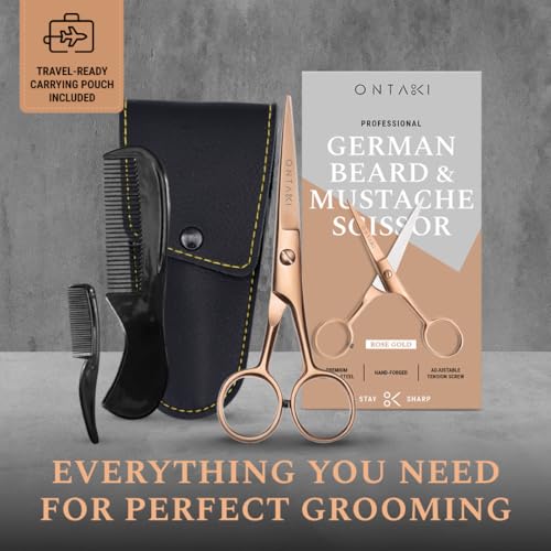 Ontaki Beard & Mustache Scissors for Men - 5inch, Rose Gold - 410C German Steel Durable, Ergonomic Design Travel Friendly Facial Hair Scissors - Beard Grooming Kit 2 Combs & Case Perfect for Styling - color: Rose Gold