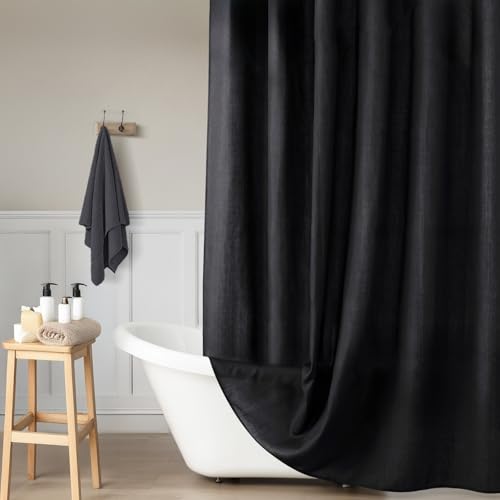 84 Inches Extra Long Black Linen Shower Curtain , Heavy Duty Cloth Bath Curtain Set with 12 Plastic Hooks Simple Hotel Spa Quality Luxury Shower Curtain for Bathroom, Water Repellent, 72Wx84L - color: Black, size: 72"W x 84"L (Pack of 1)