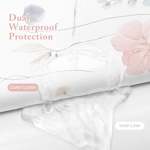 Gibelle 3 in 1 Shower Curtain Set, Coral Watercolor Floral Bath Curtain and PEVA Liner Set with 12 Double Sided Steel Hooks, Waterproof Fabric Bathroom Curtain 72x72 - color: Coral, size: 72"W x 72"L (Pack of 1)