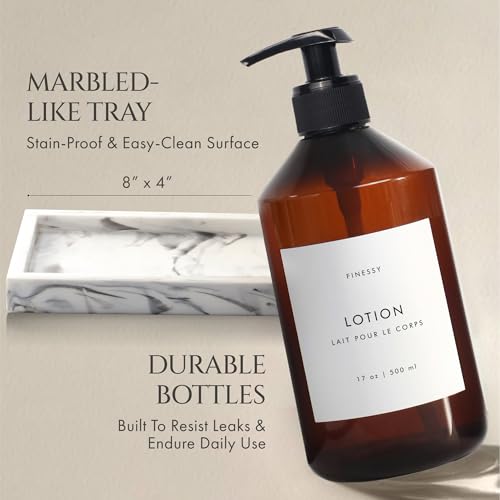 FINESSY Amber Hand Dish Soap Dispenser for Kitchen Countertop and Bathroom with Tray Set for Refillable Liquid Detergent Dishwasher and Lotion Bottles, Farmhouse Kitchen Soap Dispenser Set with Pump - color: Luxe Amber