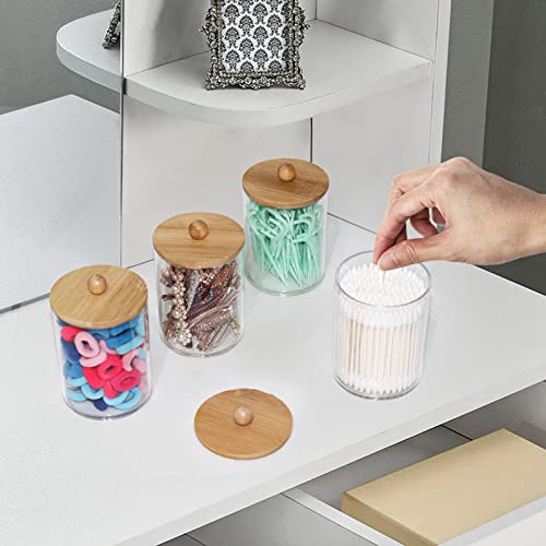 Tbestmax 4 Pack Qtip Holder, 10-Ounce Bathroom Organizer Accessories Storage Containers Clear Plastic Apothecary Jars with Bamboo Lids for Cotton Ball, Cotton Swab, Floss - color: Group A - 4 Pcs 10 oz