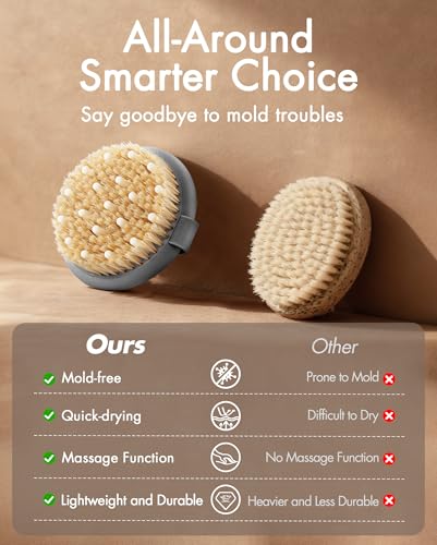 Dry Brushing Body Brush for Massage - Natural Boar Bristle Exfoliating Brush with Massage Nodes for Lymphatic Drainage, Cellulite, Blood Circulation Improving Skin Health for Women Men Elderly(Grey) - size: Round 4.3 in-Grey