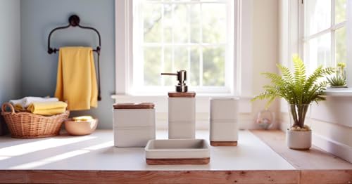 Hymmah Leather Pattern Design Bathroom Accessories Set,Farmhouse Bathroom Decor,4 Pcs Resin Gift Set Apartment Necessities, Contain Cotton Swab Jar,Soap Dispenser,Tumbler，Soap Dish/Tray - color: Light Beige Gray