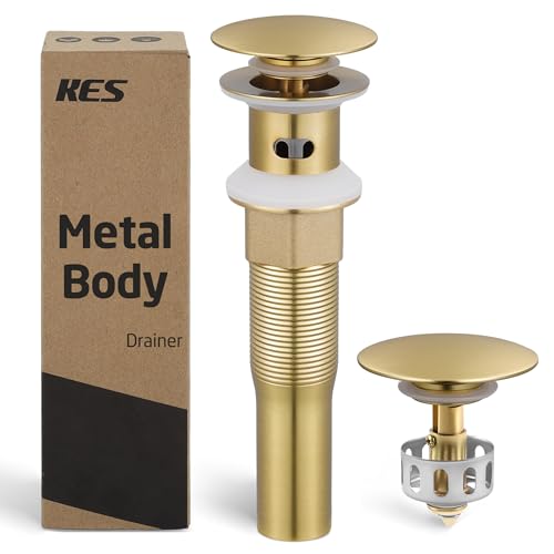 KES All Metal Bathroom Sink Drain with Strainer Basket Hair Catcher Anti Clog Pop Up Drain Stopper for Vanity Vessel Sink with Overflow, Rustproof 18/8 Stainless Steel Brushed Gold, S2013A-BZ - color: Brushed Gold, style: for sink WITH overflow,1-pack