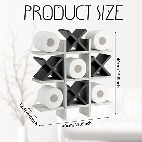 Weysat Tic Tac Toe Toilet Paper Holder Stand Bathroom Wall Decor Rustic Wooden Hanging Storage Freestanding Wall Mounted Shelves Decor for Toilet Tissue Farmhouse - color: Retro White, Black