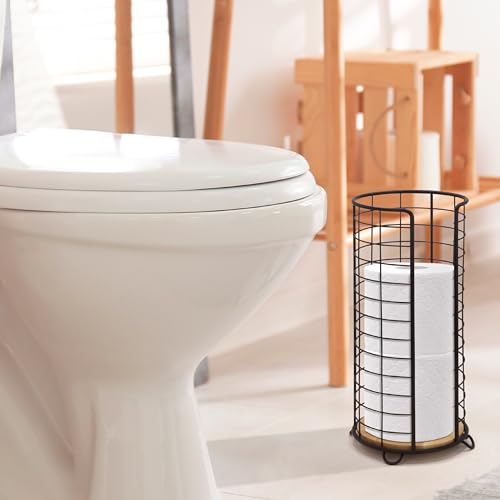 BROOKSTONE, Stylish Toilet Paper Holder with Bamboo Base, Freestanding Bathroom Tissue Organizer, Minimalistic Storage Solution, Modern Trending Design [Holds Large Rolls], Black… - color: Black/Bamboo