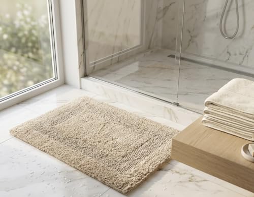 KEMA Soft 100% Cotton Linen Bath Mat 17"x24" - Regular Use Rectangular Spa Mat Rug Plush Water Absorbent, Decorative Border for Bathroom Vanity, Bathtub/Shower - Machine Washable - 1 Pack - color: Linen