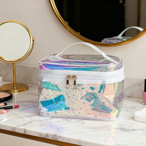 Waterproof Blue Star Print PVC Makeup Bag with Handle - 8.66 * 5.51 * 5.51 inch Travel Cosmetic Organizer for Women Men Toiletry Pouch (Blue Star-L) - color: Blue Star-L