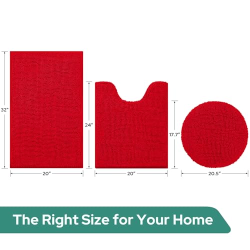 HOMEIDEAS 3 Pieces Red Bathroom Rugs Set, Ultra Soft Non Slip Bath Rug and Absorbent Chenille Bath Mat, Includes U-Shaped Contour Rug, Bath Mat and Toilet Lid Cover, Perfect for Bathroom, Tub - color: Red, size: 20"x32"+U 20"x24"+Cover 18"x21"