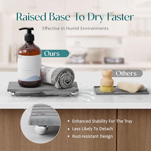 Water Absorbing Stone Tray for Sink, Diatomite Drying Stone for Kitchen Bathroom Counter, Decorative Raised-Feet Vanity Tray, Sink Caddy Organizer for Dish Soap & Sponge Holder [Grey, 12'' x 4''] - color: Light Grey, size: 12" x 4" x 1.1"
