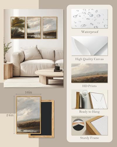 SHENIFY Vintage Landscape Framed Wall Art Riverside Scenery Farmhouse Decor Retro Boat Travel Painting for Hallway Living Room Bedroom Dining Room - 16x24in3pcs Natural Framed - color: Natural, size: 24L" x 16W" x 3PCS