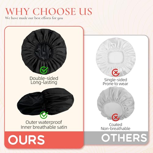 Extra Large Shower Cap for Women, Reusable Waterproof Shower Bonnet with Satin Lining, Double Layer Washable Bath Hair Cap for Braids, Locs, Long Thick Curly Hair, Natural Hair(Big Black) - color: Black