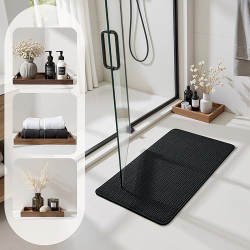 HOMEIDEAS Bathroom Rugs Set 2 Piece, Ultra Thin Non-Slip Bath Mats Rubber Backed, Chenille Absorbent Quick Dry Mats for Shower & Vanity, Low Profile Fits Under Door (Black, 32"x20"+24"x17") - color: Black