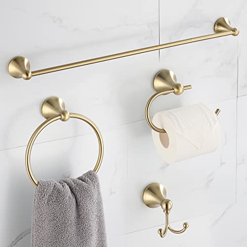 4 Piece Gold Bathroom Hardware Set - Brushed Gold Bathroom Accessories, 23.6 Inch Towel Bar | Towel Hook | Toilet Paper Holder | Hand Towel Holder - color: Light Gold